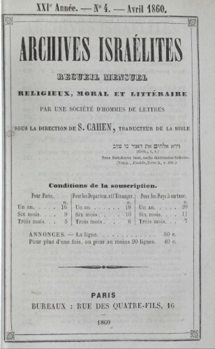 Archives israélites de France. Vol.21 N°04 (aril 1860)